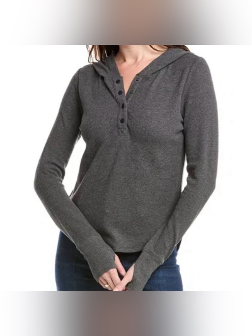CAbi Waffle Hoodie knit shirt pullover thumbholes henley cozy gray new X-Small